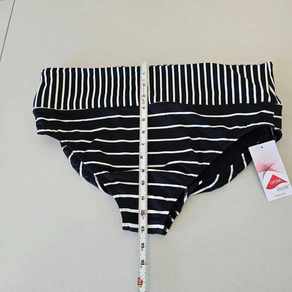 Lands' End Bikini Bottom Swim Briefs Women's 1X Black White Stripe Beach NWT